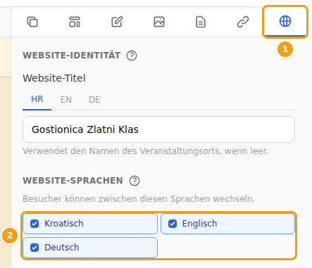 Der Tab Website (1) und die Website-Sprachen (2)