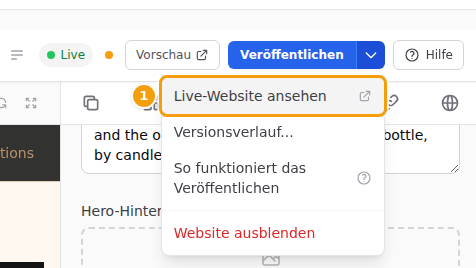Live-Website ansehen (1) im Menü neben Veröffentlichen