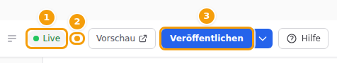 Die Anzeige Live (1), der orangefarbene Punkt für unveröffentlichte Änderungen (2) und die Schaltfläche Veröffentlichen (3)