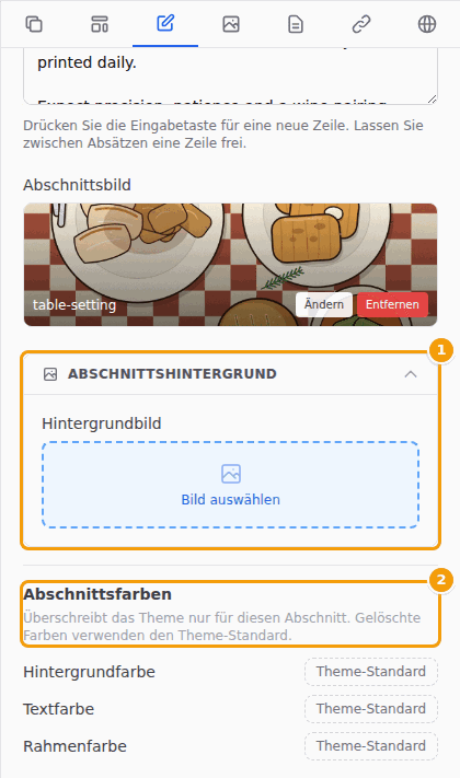 Abschnittshintergrund (1) und Abschnittsfarben (2)