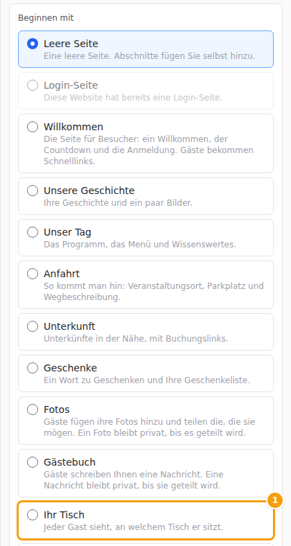 Wählen Sie im Formular Seite hinzufügen die Option Ihr Tisch (1)