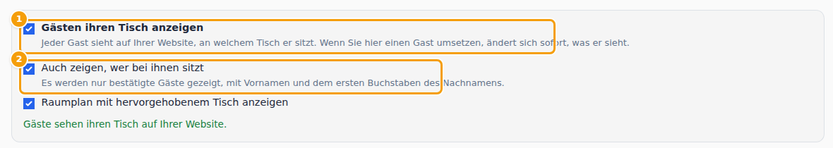 Im Sitzplan: Gästen ihren Tisch anzeigen (1) und Auch zeigen, wer bei ihnen sitzt (2)