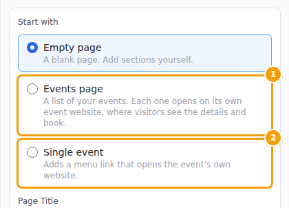 The Add Page form: Events page (1) and Single event (2)