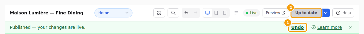 The message after publishing, with Undo (1), and the Up to date button (2)