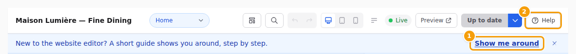 The first-time banner with Show me around (1), and the Help button (2)