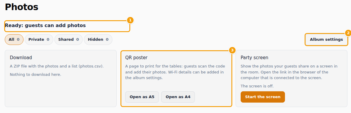 The Photos page of the organiser: the state of the feature (1), Album settings (2) and the QR poster (3)