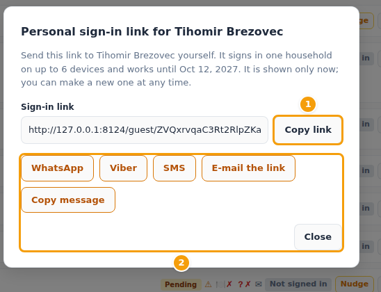 The personal link: Copy link (1) and the ways to send it (2)