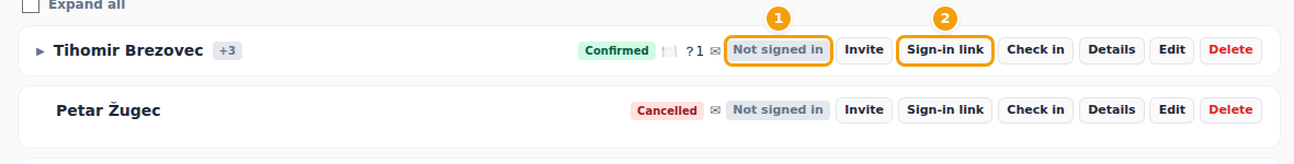 The guest list: whether the guest has signed in (1) and the Sign-in link button (2)