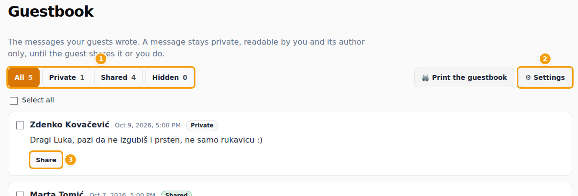 The Guestbook page: the filters (1), Print the guestbook and Settings (2) and Share on a message (3)