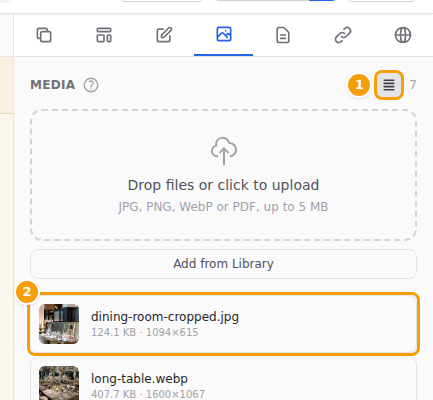 The list view (1) and the new cropped copy at the top (2)