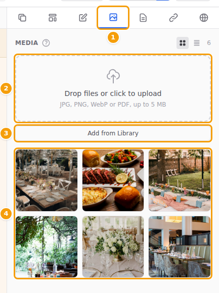 The Media tab (1), the upload box (2), Add from Library (3) and your photos (4)