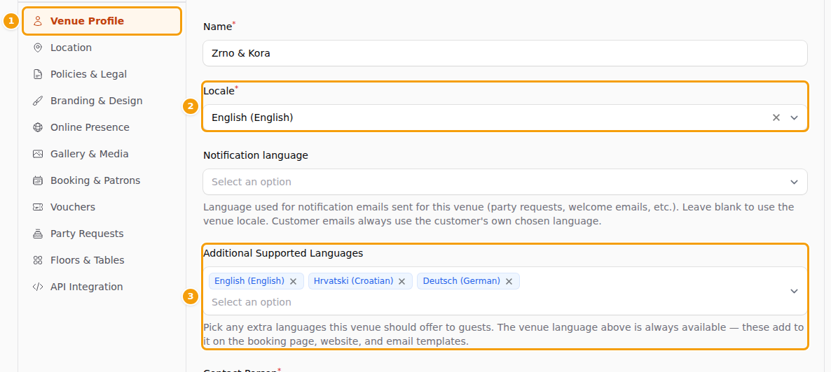 Venue Profile (1): the main language (2) and the additional languages (3)