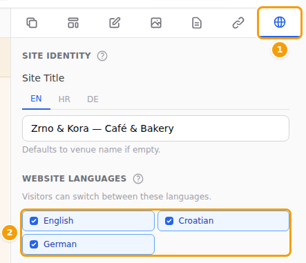 The Site tab (1) and the Website Languages (2)