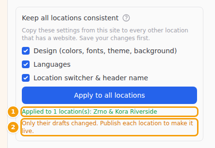 Applied to 1 location(s) (1) — only their drafts changed (2)