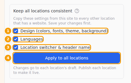 Choose what to copy (1–3) and click Apply to all locations (4)