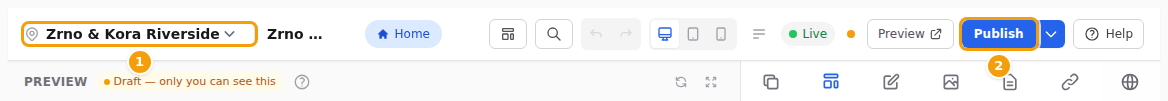 Another location with the copied design in its draft: switch to it (1) and publish (2)