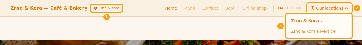 The location name (1) and the Our locations menu (2) with your locations (3)