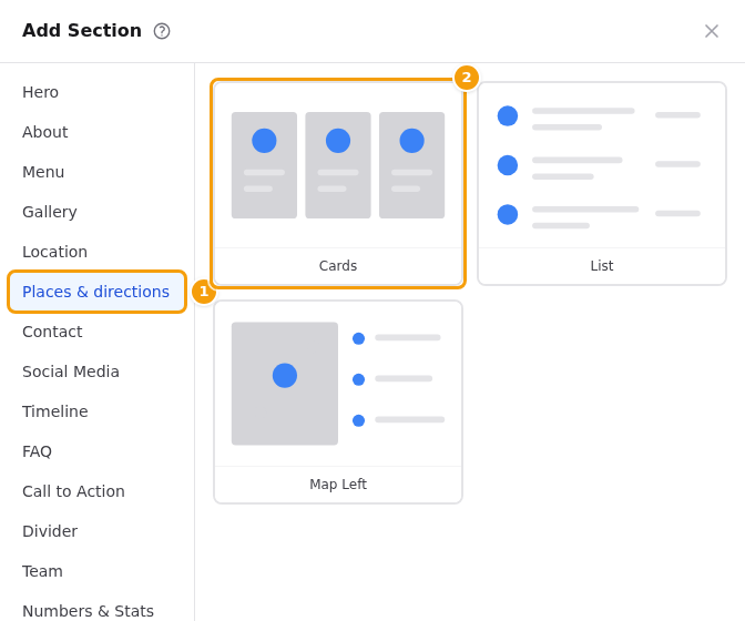 Add Section: Places & directions (1) and its three designs (2)