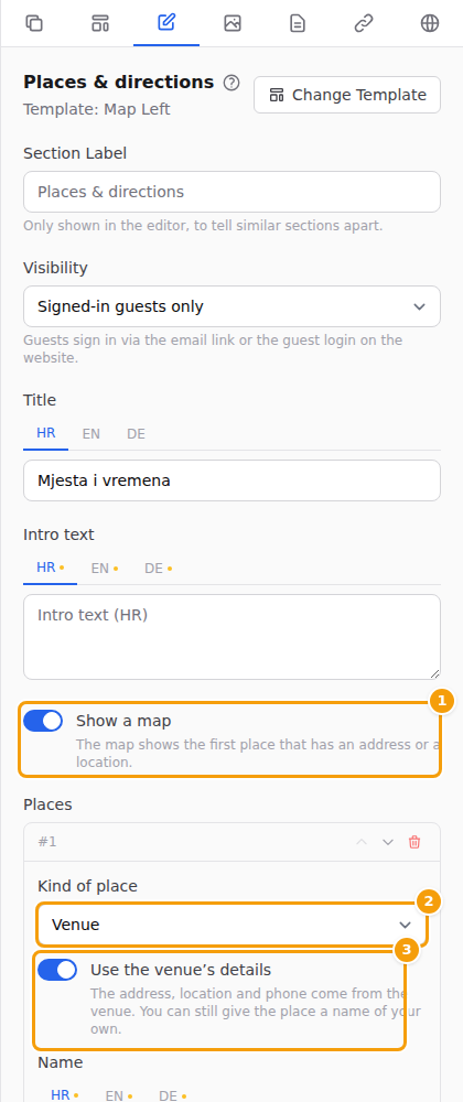 The Places editor: Show a map (1), Kind of place (2) and Use the venue's details (3)