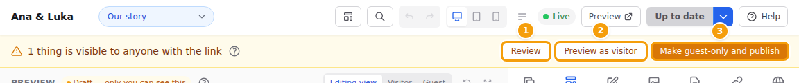 The yellow bar: Review (1), Preview as visitor (2) and Make guest-only and publish (3)