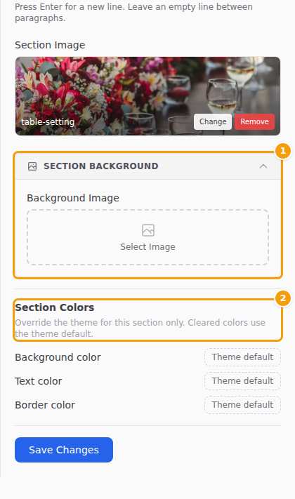 Section Background (1) and Section Colors (2)