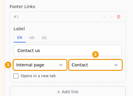 A footer link to your own Contact page: Internal page (1) and the page (2)