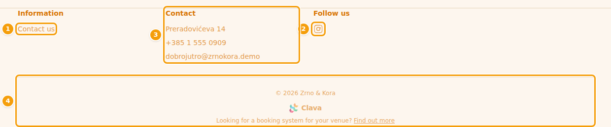 The footer: a footer link (1), social media (2), contact details (3) and the Clava line (4)