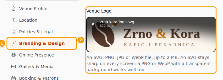 Branding & Design (1) and Venue Logo (2) in Venue Setup
