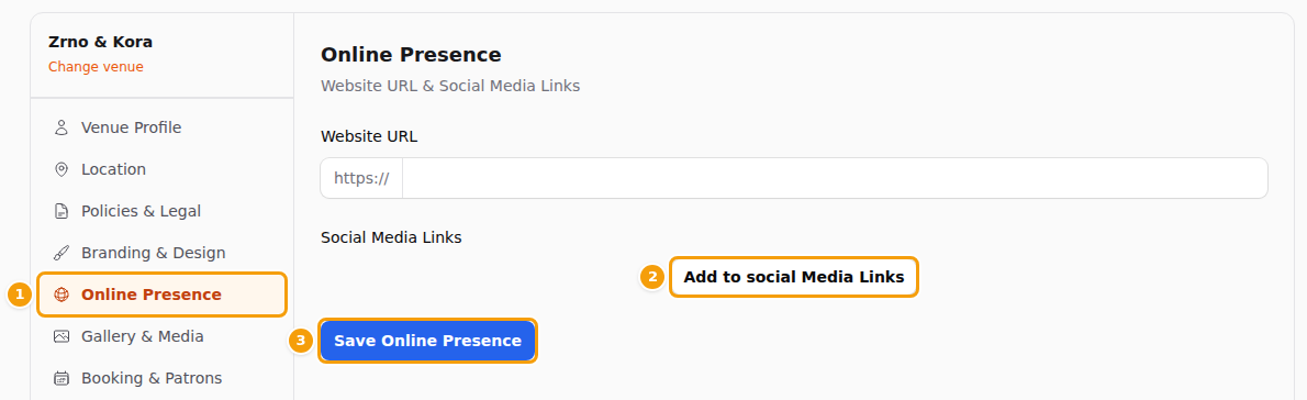 Online Presence (1), Add a link (2) and Save Online Presence (3) in Venue Setup