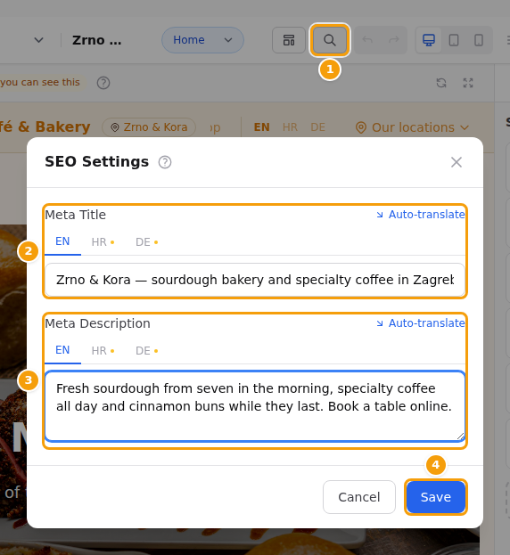 SEO Settings (1): Meta Title (2), Meta Description (3) and Save (4)