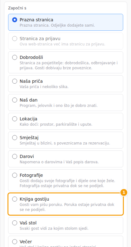 U obrascu za dodavanje stranice odaberite Knjiga gostiju (1)