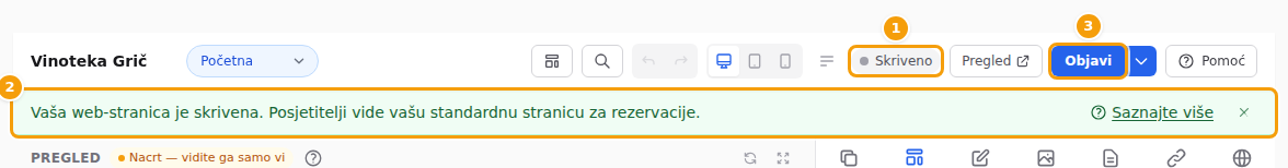 Oznaka Skriveno (1), poruka (2) i gumb Objavi (3)