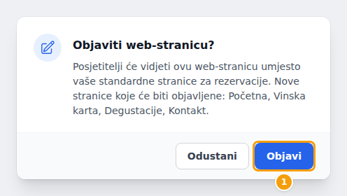 Objaviti web-stranicu? — Posjetitelji će vidjeti ovu web-stranicu umjesto vaše standardne stranice za rezervacije.
