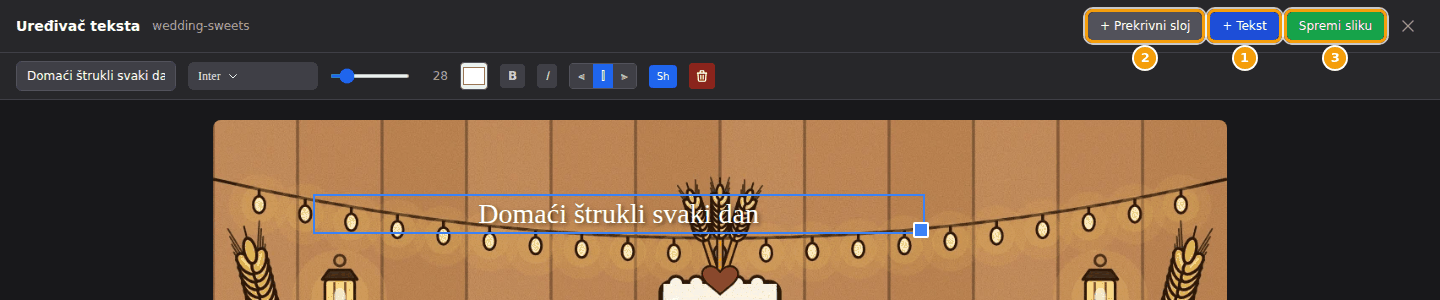 + Tekst (1), + Prekrivni sloj (2) i Spremi sliku (3) u Uređivaču teksta
