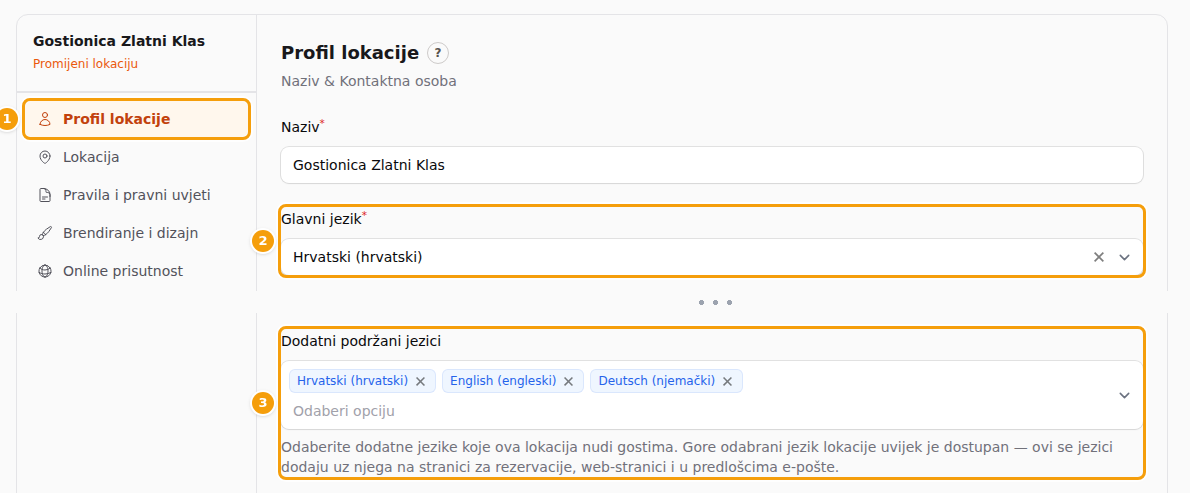 Profil lokacije (1): glavni jezik (2) i dodatni jezici (3)