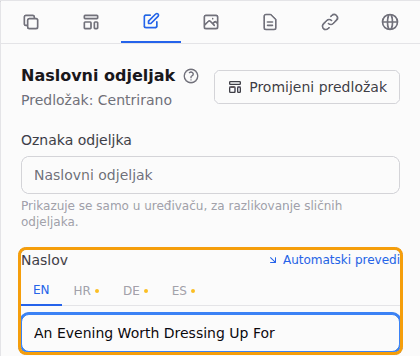 Mijenjanje naslova gornjeg odjeljka u bočnoj traci