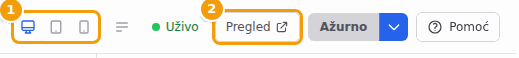 Gumbi za veličinu zaslona (1) i gumb Pregled (2)
