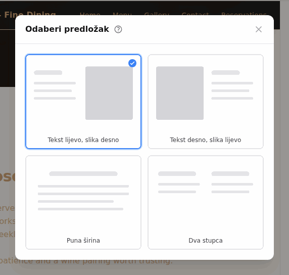 Odaberi predložak: trenutni raspored ima plavu kvačicu