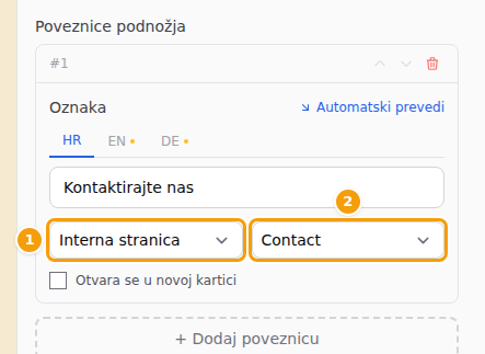 Poveznica u podnožju na vašu stranicu Kontakt: Interna stranica (1) i stranica (2)