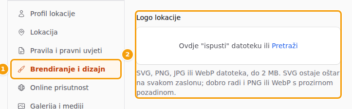 Brendiranje i dizajn (1) i Logo lokacije (2) u postavkama lokacije