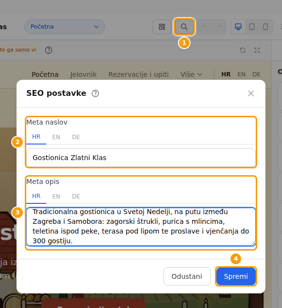 SEO postavke (1): Meta naslov (2), Meta opis (3) i Spremi (4)
