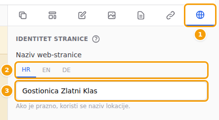 Kartica Stranica (1), kartice jezika (2) i Naziv web-stranice (3)