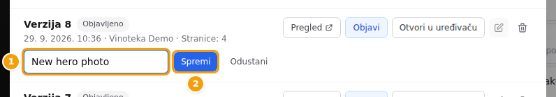 Upisivanje naziva za verziju 8 (1), zatim Spremi (2)